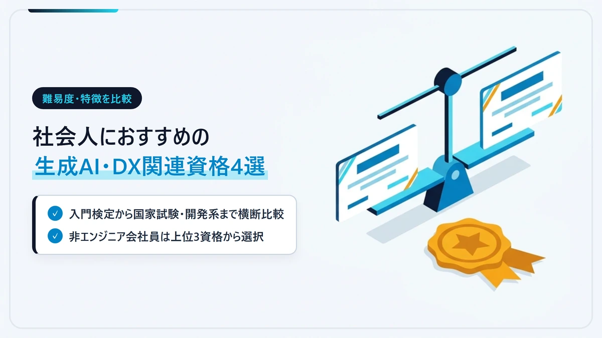 社会人におすすめの生成AI・DX関連資格4選の難易度・受験方式・特徴比較図解