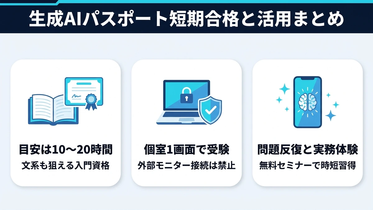 生成AIパスポートの短期合格ポイントと実務スキル習得のまとめ図解